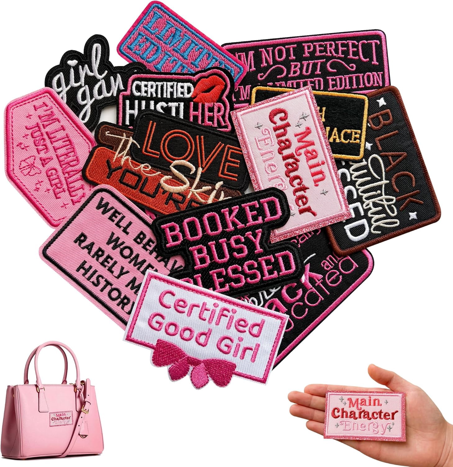 Black Girl Iron on Patches, Pink Funny Phrase Applique Patch Embroidered Sew on Patches for Hats Backpacks Jackets Clothes - 14PCS