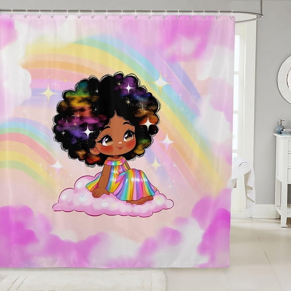 Black Girl Magic Shower Curtain Rainbow Galaxy Afro Hair Clouds Fabric Bathroom Decor 71x71 inches