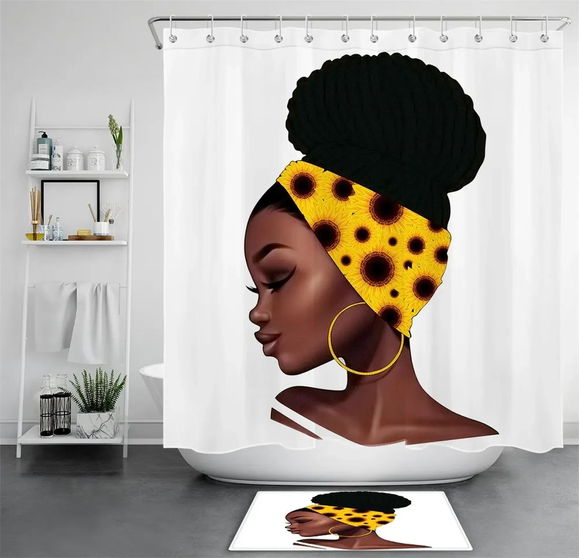 Black Girl Magic Shower Curtain: Sunflower Turban Waterproof Fabric Set ...