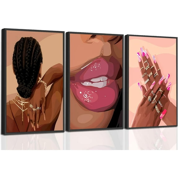Black Girl Pink Wall Art Set of 3 African American Black Women Canvas Posters Fashion Black Girl Wall Decor Pictures Prints for Home Living Room Bedroom Decoration 12x16 Inch d