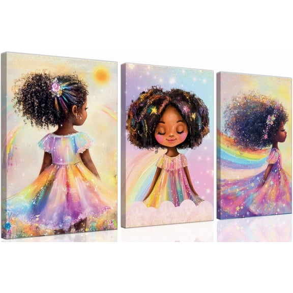 Black Girl Princess Wall Art, Rainbow Hair Girl Painting,Cute Afro Girls Art,Cute Black Girl Nursery Art,Whimsical Rainbow Art Print Set Poster,Black Kids Canvas Prints,Framed12 x 16inches X3piece
