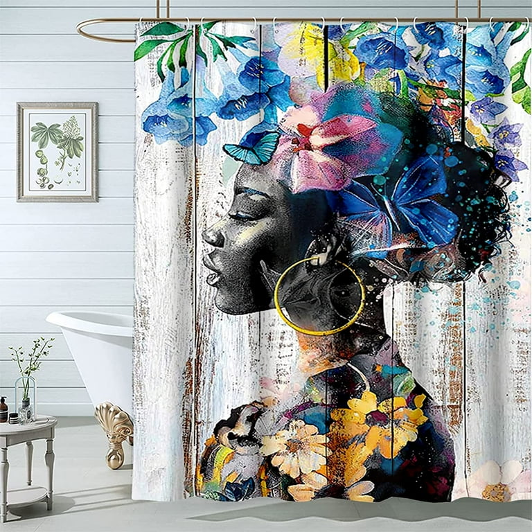 Black Girl Shower Curtain African American Curtains 72wx72l Inch Woman Erfly Afro Lady Fl Girly Colorful Wood Bathroom Decor Waterproof Polyester Fabric 12 Hooks Com