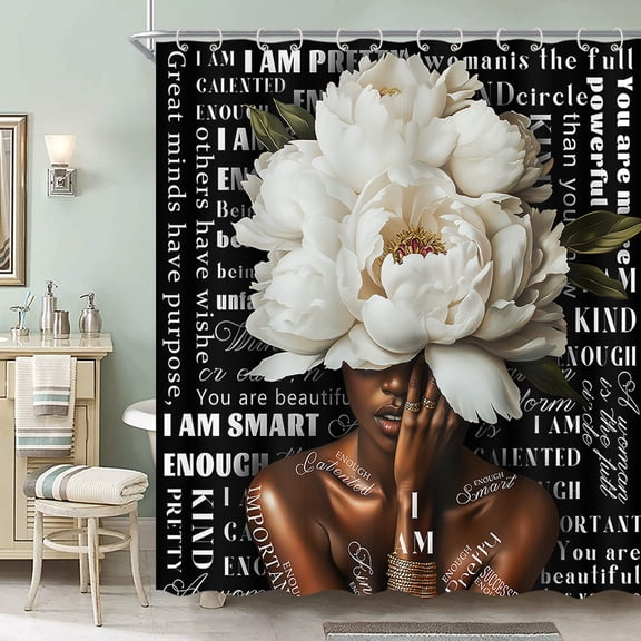 Black Girl Shower Curtain African American Woman Vintage White Peony Floral Motivational Quotes Fashion Bath Curtains Waterproof Fabric Polyester Shower Curtain Set with 12 Hooks 70X70IN