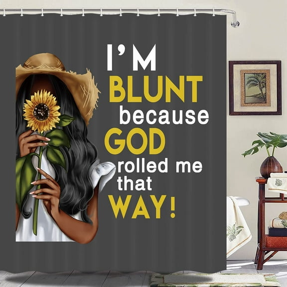 Black Girl Shower Curtain, African Women Girl Holding A Sunflower with Inspirational Quotes, Polyester Fabric Bath Curtains Set with Hooks 69W X 70L Inches