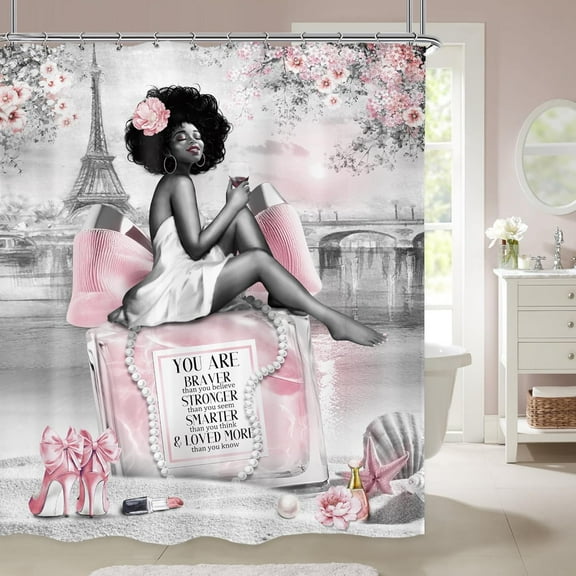 Black Girl Shower Curtain Bathroom Set African American Women Eiffel Tower Perfume Inspirational Quote Modern Bath Accessories Pink Grey Art Home Decor Fabric with Hooks-36"W x 72"L (Pack of 1)