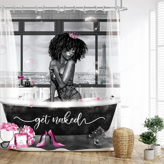 Black Girl Shower Curtain Get Naked African American Woman Afro Lady Romantic Pink Scripture Bathroom High Heels Bubbles 72Wx72L Inches Bath Accessories Art Home Decor Fabric 12 Pack Hooks