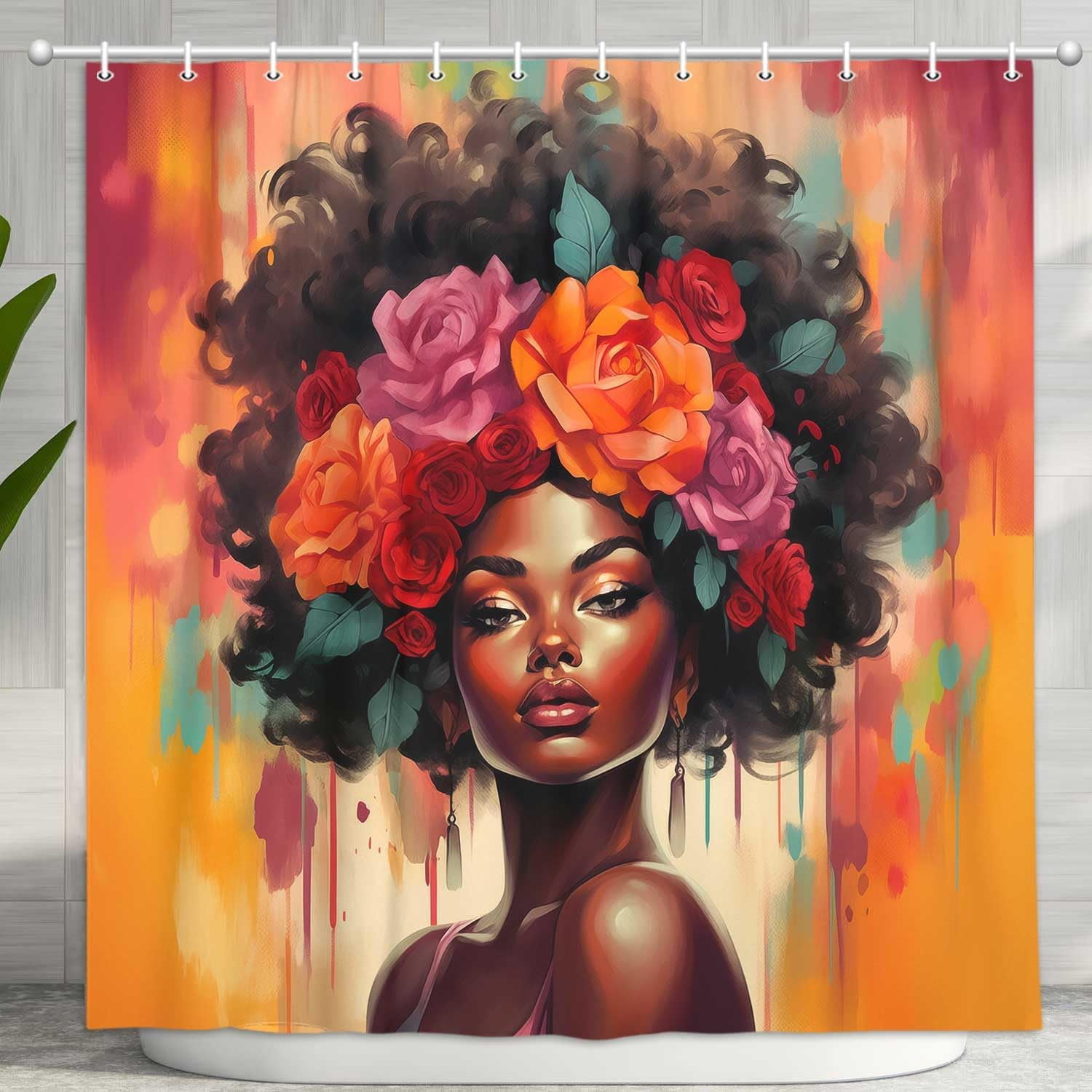 Black Girl Shower Curtain, Retro African American Colorful Floral Red Rose Black Woman Bathroom Decor, Oil Painting Aesthetics Flower Fabric Afro Lady Bath Shower Curatin Set with 12 Hooks, 72X72in