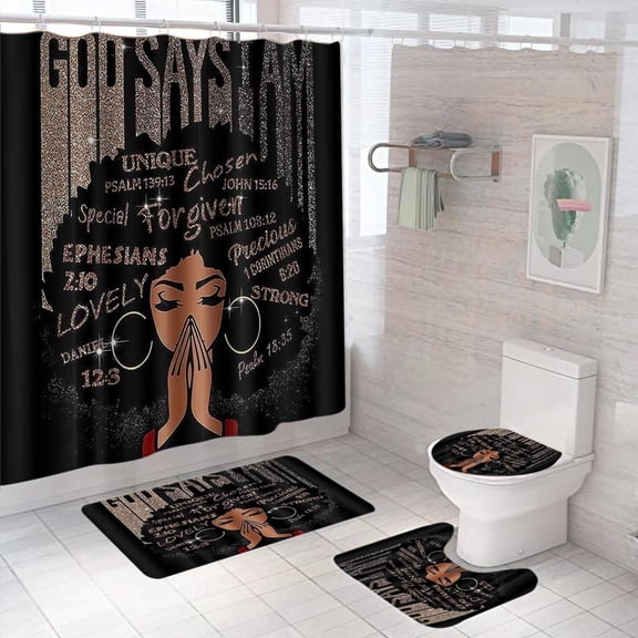 Black Girl Shower Curtain Sets with 4PCS, Non-Slip Bath Mat,Toilet Lid Cover, Inspirational Quote Afrcia American Black Queen Bathroom Decor Set