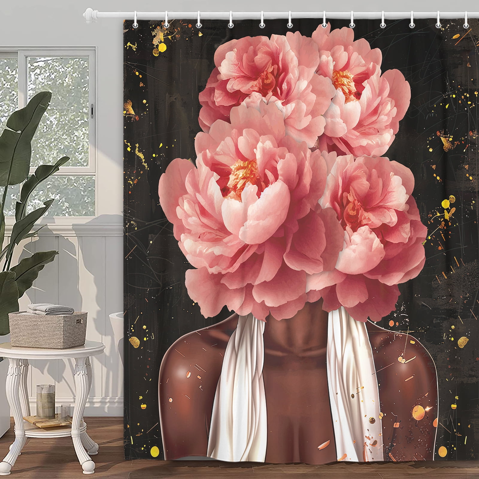 Black Girl Shower Curtain, Unique African American Woman and Pink Floral Shower Curtain, Black and Gold Fabric Shower Curtain Set Vintage Afro Lady Fabric Bathroom Accessories with 12 Hooks, 70X70IN