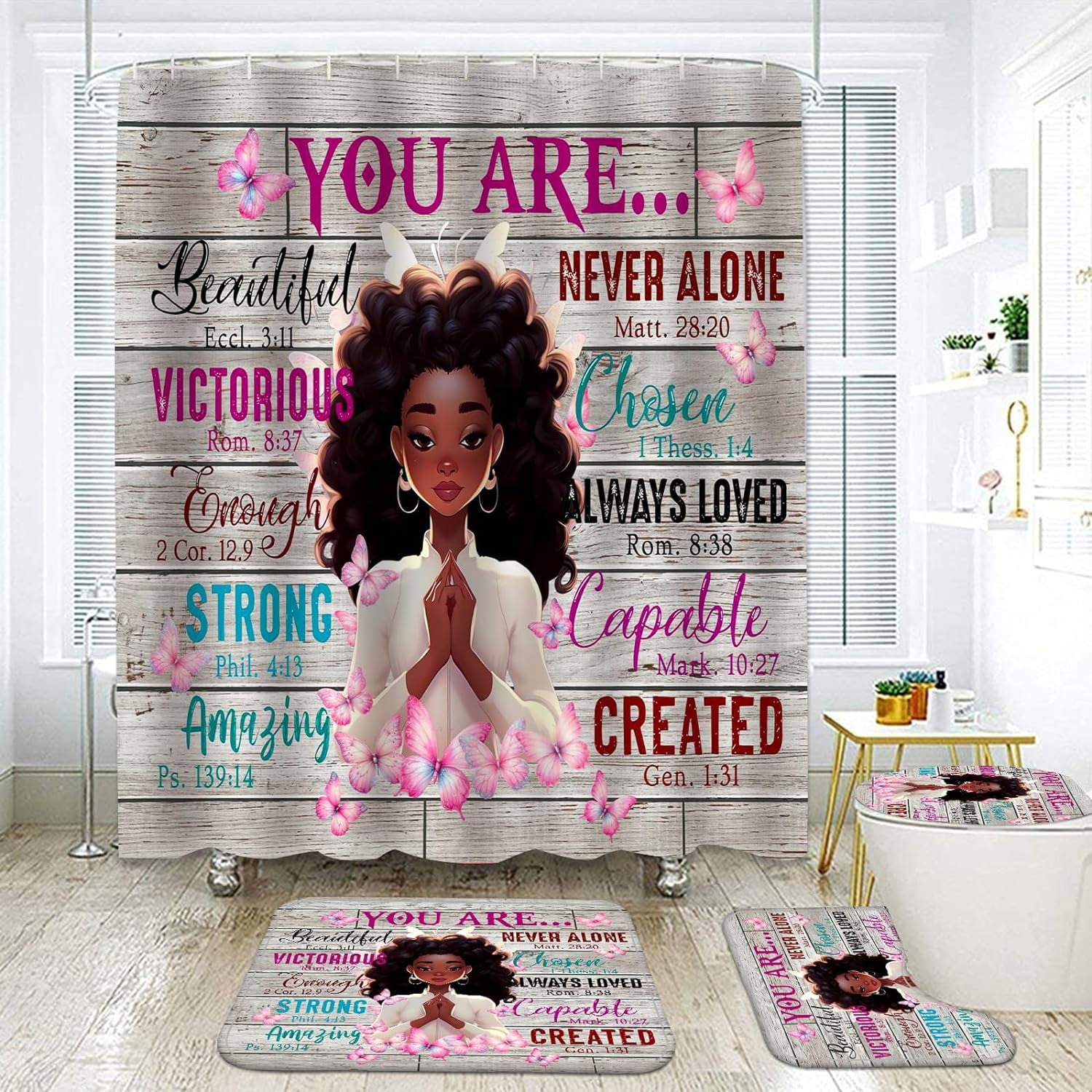 Black Girl Shower Curtain set with Bath Rugs Set,4 Sets Rustic African ...