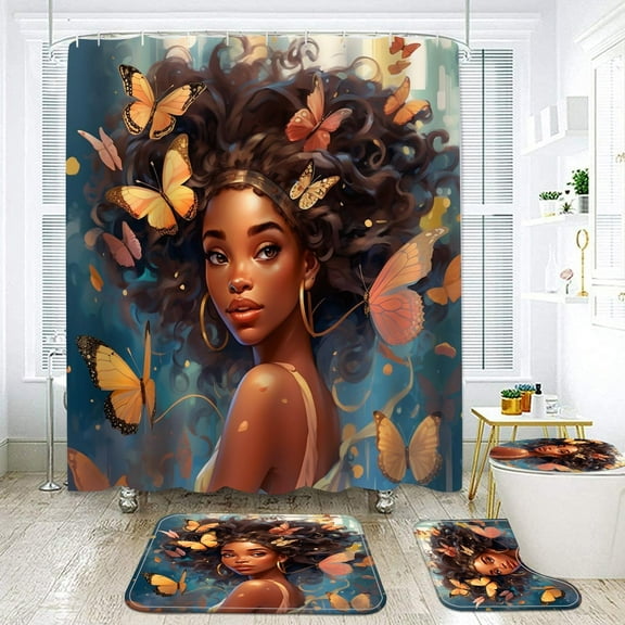 Black Girl Shower Curtain set with Bath Rugs Set,4 Sets Rustic African American Bathroom Sets Decor Waterproof Curtains Rug Mats Toilet Seat Cover Hooks Butterfly Kids Girly Queen (Rustic)