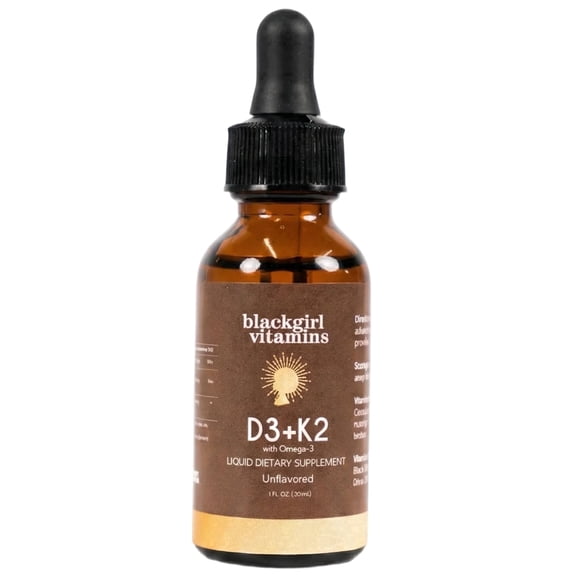 Black Girl Vitamins Vitamin D3 K2 Drops (125mcg each) with Omega 3 – Liquid D3 K2 (MK7) Daily Supplement, Concentrated Unflavored Drops, Vegan (30-Day Supply)