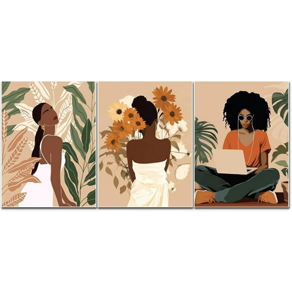Black Girl Wall Art Poster Set of 3, Black Woman with Floral Pictures Wall Decor Paintings, Fashion African American Female Canvas Prints Home Decor for Living Room Bedroom Office