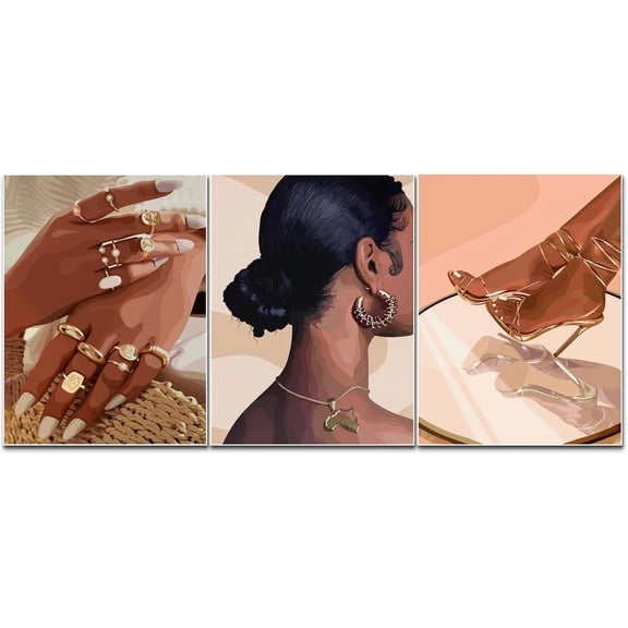 Black Girl Wall Art Set of 3, Black Woman with Floral Pictures Wall Decor Paintings, Fashion African American Female Canvas Prints Modern Home Decor for Living Room Bedroom Office