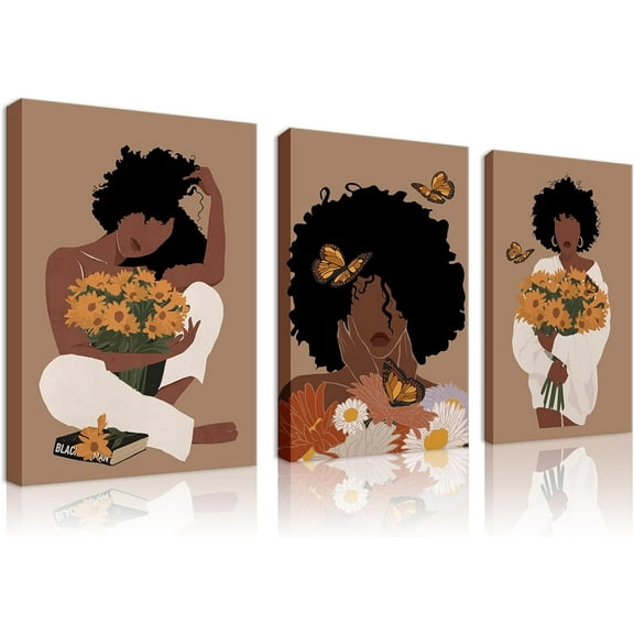 Black Girl Wall Art d Set of 3 - African Woman Canvas Wall Decor American Black Women Wall Art Black Female Print Pictures Fashion Abstract Poster for Home Bedroom Bathroom 12×16 Inch