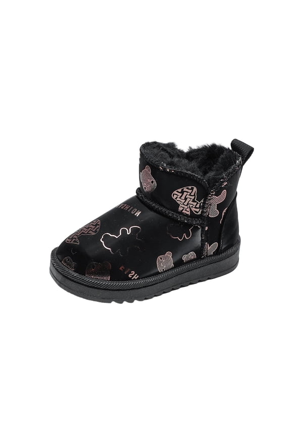 Black Girls Bear Print Snow Boots With Cozy Lining For Toddlers Ages 12-15 Months