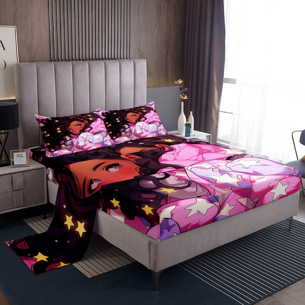 Black Bed Sheets Set Afro Twin Sheet Set ,American African Princess Magical  Sheets Teenager,Glitter Stars Cute Room Decor - Walmart.com, image size:1200x1200