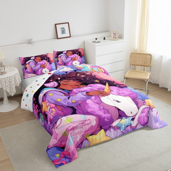 Black Bedding Set Unicorn Afro Twin Comforter Set ,American African Princess Magical Cartoon Horse Quilt Teenager,Cute Room Decor