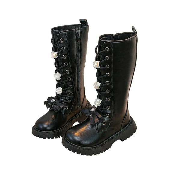 Black Girls British Style Long Leather Boots With Bow And Zipper High Top Boots For Children