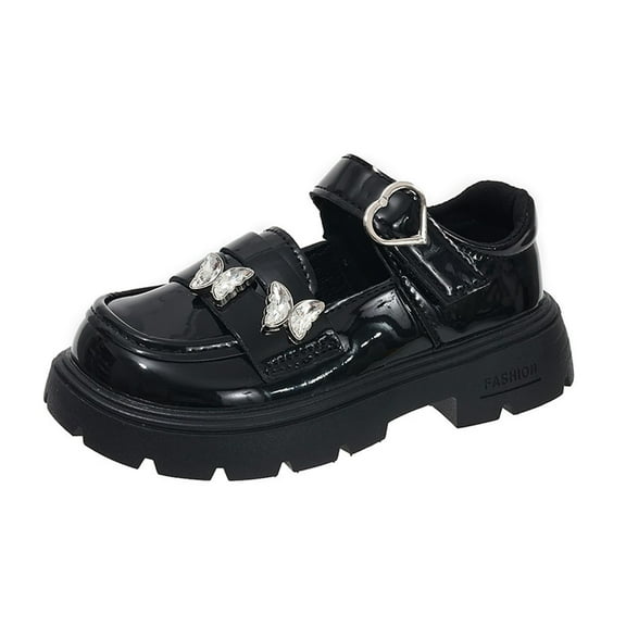 Black Girls' Butterfly Leather Shoes With Soft Soles And Magic Strap, Perfect For Everyday Use And Comfort