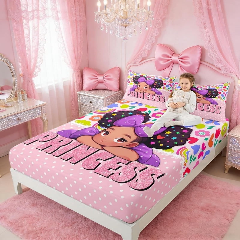 Black Girls Fitted Sheet Twin Size,Princess Girl Pink Diamond Glitter Pattern Bedding Set,Cute African Style Americans Bed Sheet Kids Teens Cartoon Colorful Flower Deep Pocket Sheet,2Pillowcase