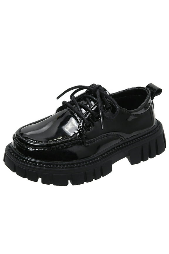 Black Girls Leather Shoes With British Flair Lace-Up And Thick Sole For Formal Wear