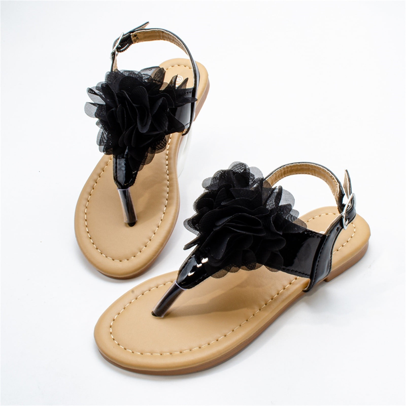 Black Girls Sandals Children Flat Bottomed Pin Toe Sandals Flower Beach ...