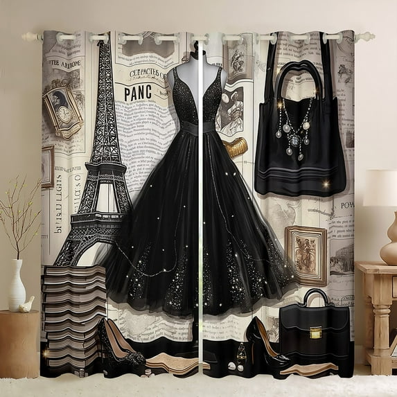Black Girly Dress 30%-50% Blackout Curtains Eiffel Tower Paris Style Curtains Romantic Makeup Themed Bedroom Curtains Women Black High Heels Print Window Curtains Fashion Dress Curtains,84"Wx84"L
