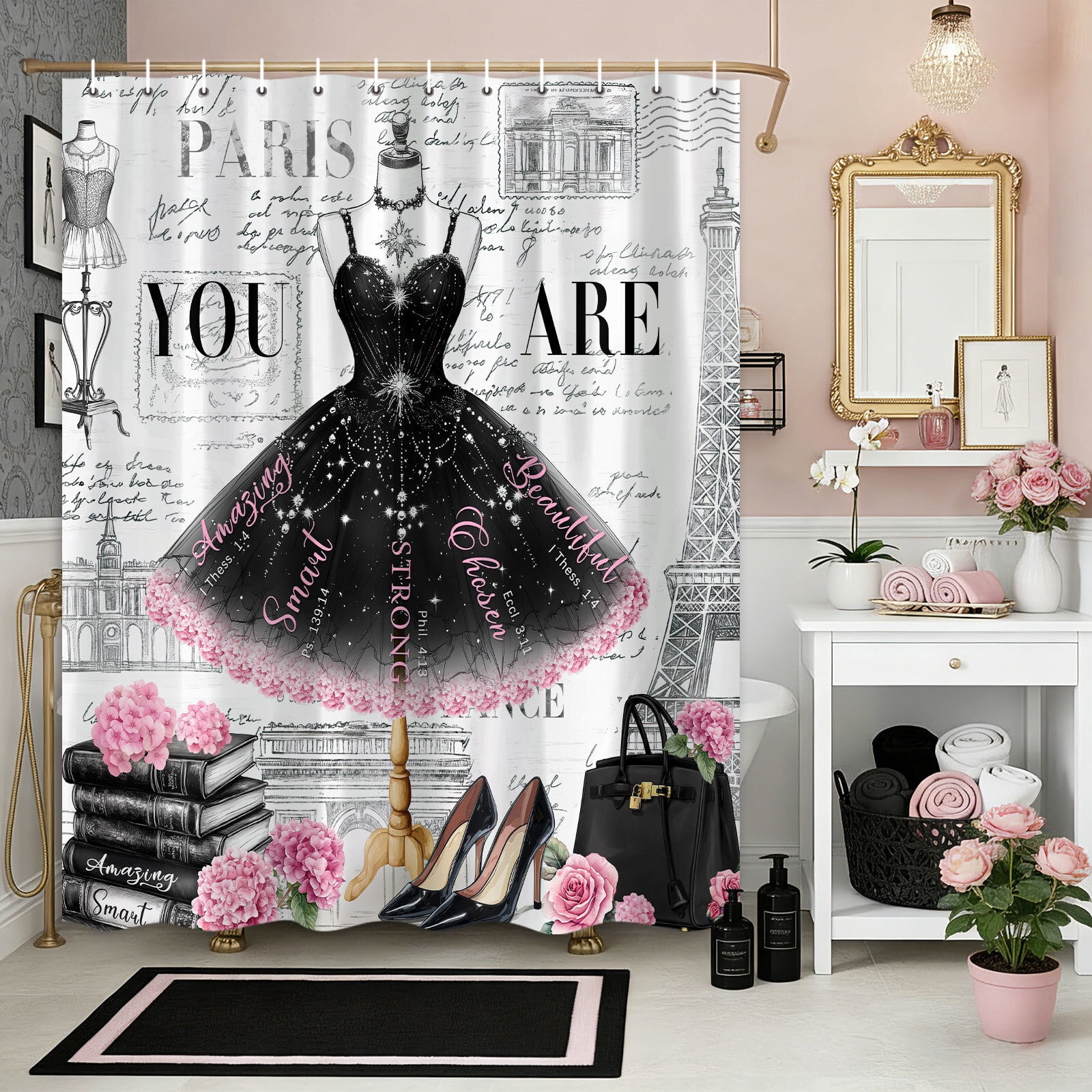 Black Girly Dress Shower Curtain, Fashion Modern Ballet for Girls Women Bath Curtain, Eiffel Tower Paris Perfume High Heels Makeup Bathroom Decor Fabric Polyester Waterproof with Hooks,60X70in