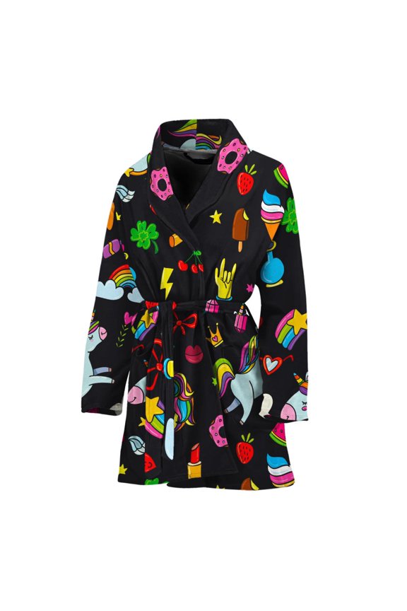 Black Girly Unicorn Pattern Women Bathrobe One Size Univeral Fits Fashion Lightweight Plush Fleece Long Robe For Women