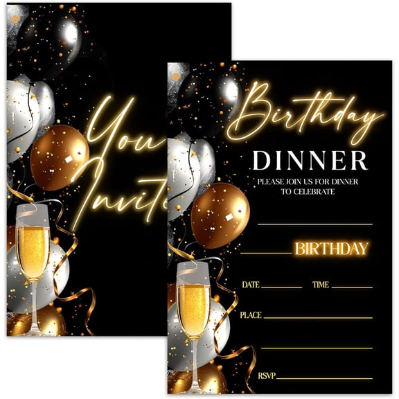Black Glam Birthday Dinner Invitation Cards For Girls Boys, Black Gold Diamond Evite For Men Women Birthday Party Supplies Favors, 20 Fill-In Invitation Cards with Envelopes -17