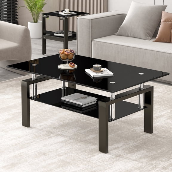 Black Glass - 2 - Tier Structure - Living Room, Bedroom - Smooth Surface for Easy Wiping