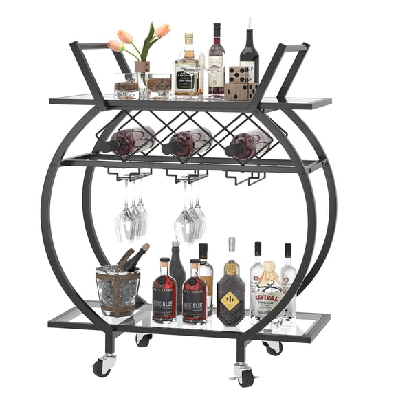 Black Glass Bar Carts 2 Tiers Rolling Home Serving Cart with Wine Rack and Wheels,Modern Metal Round Wine Cart with Glass,Industrial Mobile Storage Kitchen Trolley for Kitchen, Bar, Living Room