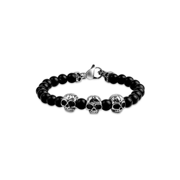 Black Glass Beads with Skulls Bracelet in Stainless Steel 8.5 Inches