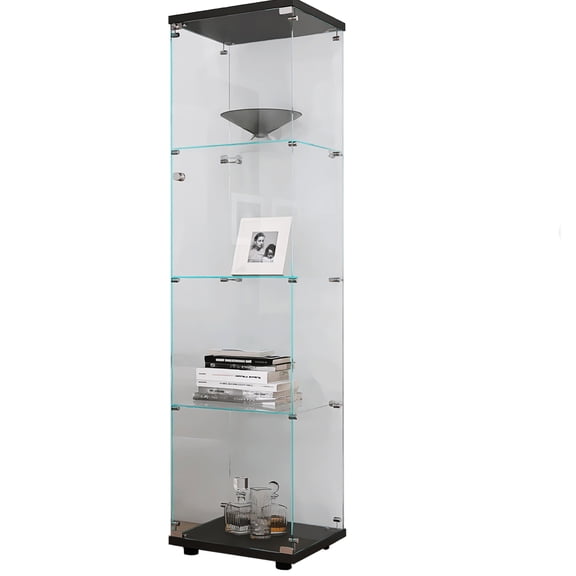 Black Glass Cabinet With 4 Shelves And One Door - Storage Case Spacious Display Option