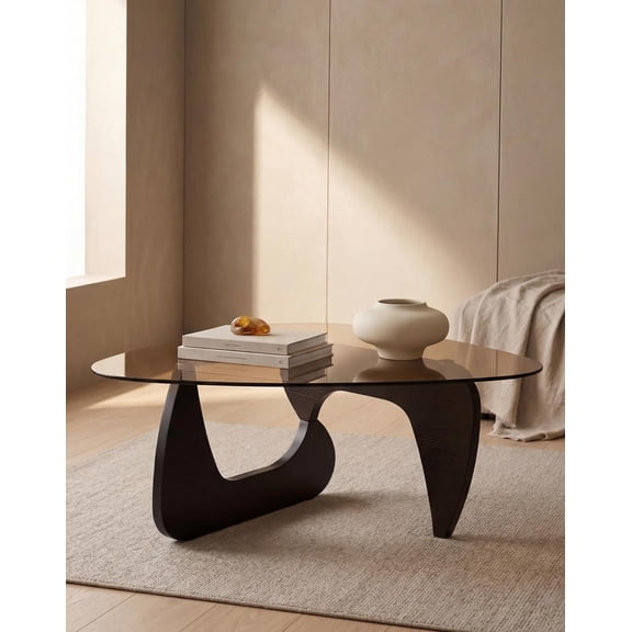 Black Glass Coffee Table for Living Room, 35.82" Small Triangle Coffee Table with Smoked Glass Top and MDF Wood Base, Mid Century Modern Center Table for Apartment, Sofa, Small Space