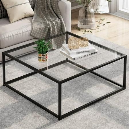 Black Glass Coffee Table for Living Room,Square Coffee Tables for Small Spaces,Simple Tea Cocktail Modern Center Tables, Living Room Tables,Easy Assembly,26 * 26in(Black & Clear Glass)