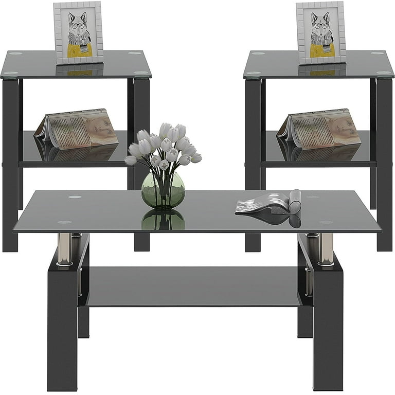 Oduse daily Black Glass Coffee Table Set of 3 Piece Living Room Table Set of 3 Black Coffee Table and End Coffee Table Sets Metal Frame All Black A Set of 3