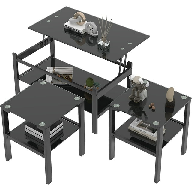 3Piece Black Glass Coffee Table Set with Metal Frame for Living Room