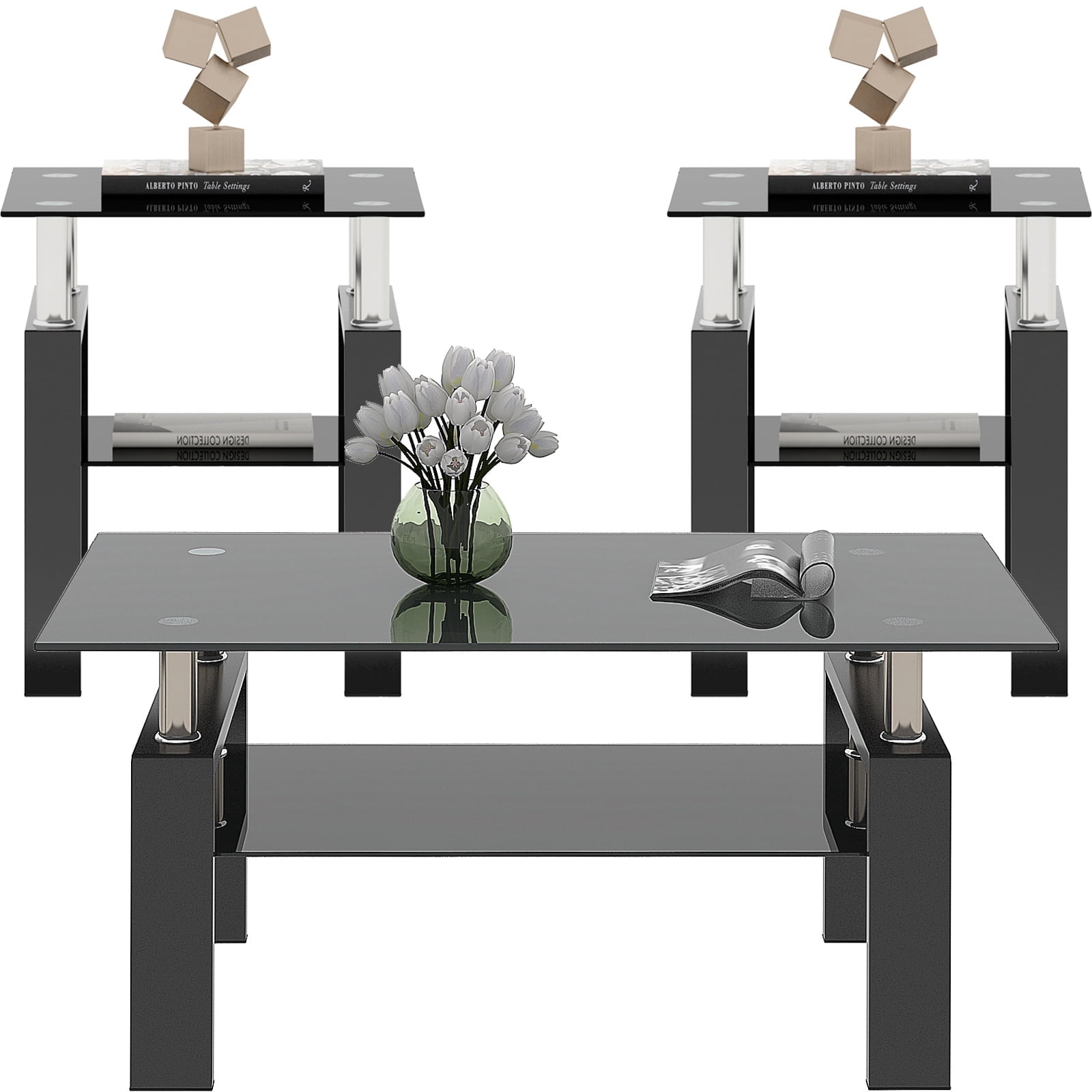3-Piece Black Glass Coffee Table Set, Living Room Table Set, Metal ...