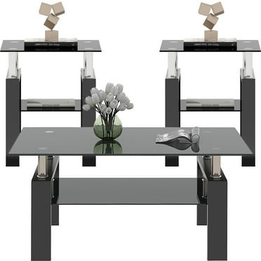 Black Glass Coffee Table Set of 3 Piece, Living Room Table Set of 3, Black Coffee Table and End Coffee Table Sets, Metal Frame (All Black A, Set of 3)