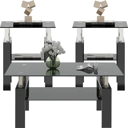 Black Glass Coffee Table Set of 3 Piece, Living Room Table Set of 3, Black Coffee Table and End Coffee Table Sets, Metal Frame (All Black A, Set of 3)