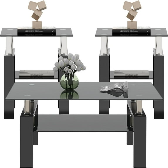 Black Glass Coffee Table Set of 3 Piece, Living Room Table Set of 3, Black Coffee Table and End Coffee Table Sets, Metal Frame (All Black A, Set of 3)