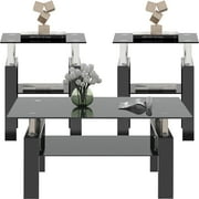 Black Glass Coffee Table Set of 3 Piece, Living Room Table Set of 3, Black Coffee Table and End Coffee Table Sets, Metal Frame All Black A, Set of 3