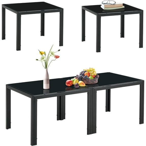 Black Glass Coffee Table Set of 4 Piece Modern End Table for Living Room Side with Square Tempered Glass Top Metal Leg for Small Home Center Furniture Set, Black