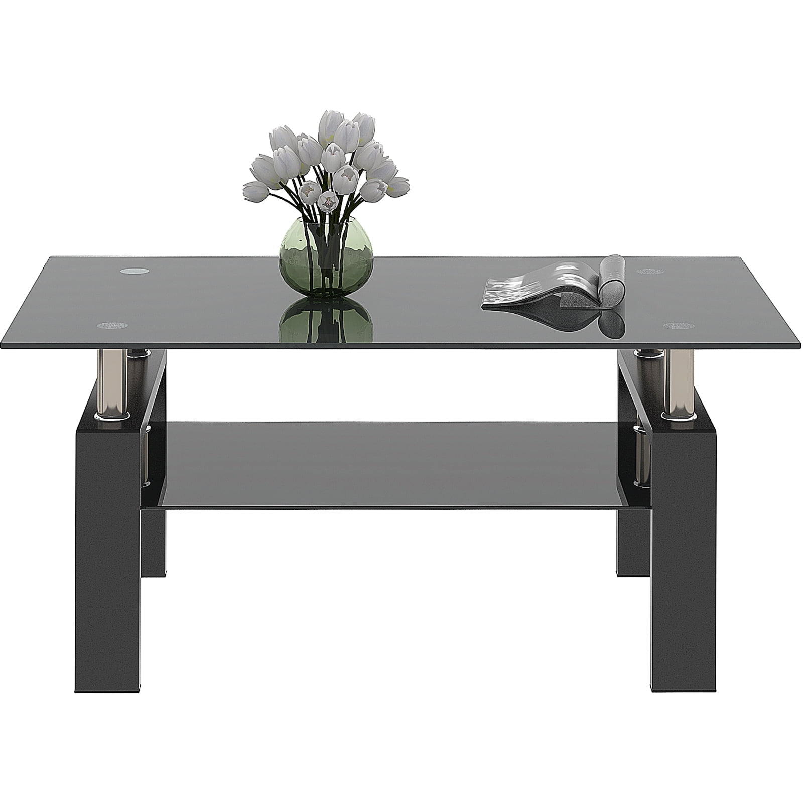 Modern Black Glass Coffee Table with Metal Legs for Living Room
