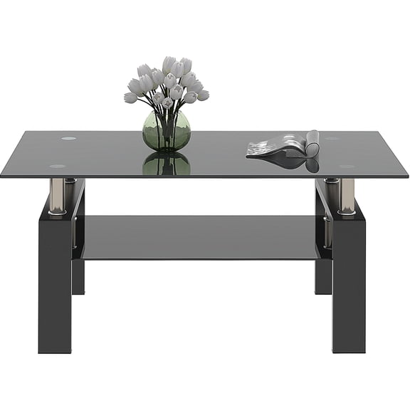 Black Glass Coffee Table for Living Room, Center Table, Sofa Table, with Black Metal Legs, Black Tempered Glass Top (All Black, Coffee Table)
