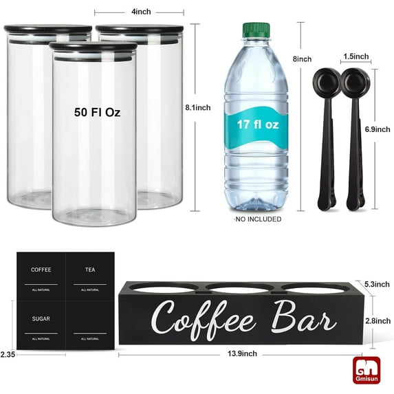 Black Glass Coffee Tea Sugar Container Set, 3 Pcs Airtight Canisters with Scoop, Shelf & Labels for Coffee Station