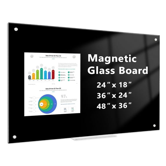 Black Glass Dry Erase Board 36''x24" Frameless Glass Blackboard Magnetic Dry Erase Glass Board, Black Frameless Surface Glass Board for Office, Home, Classroom
