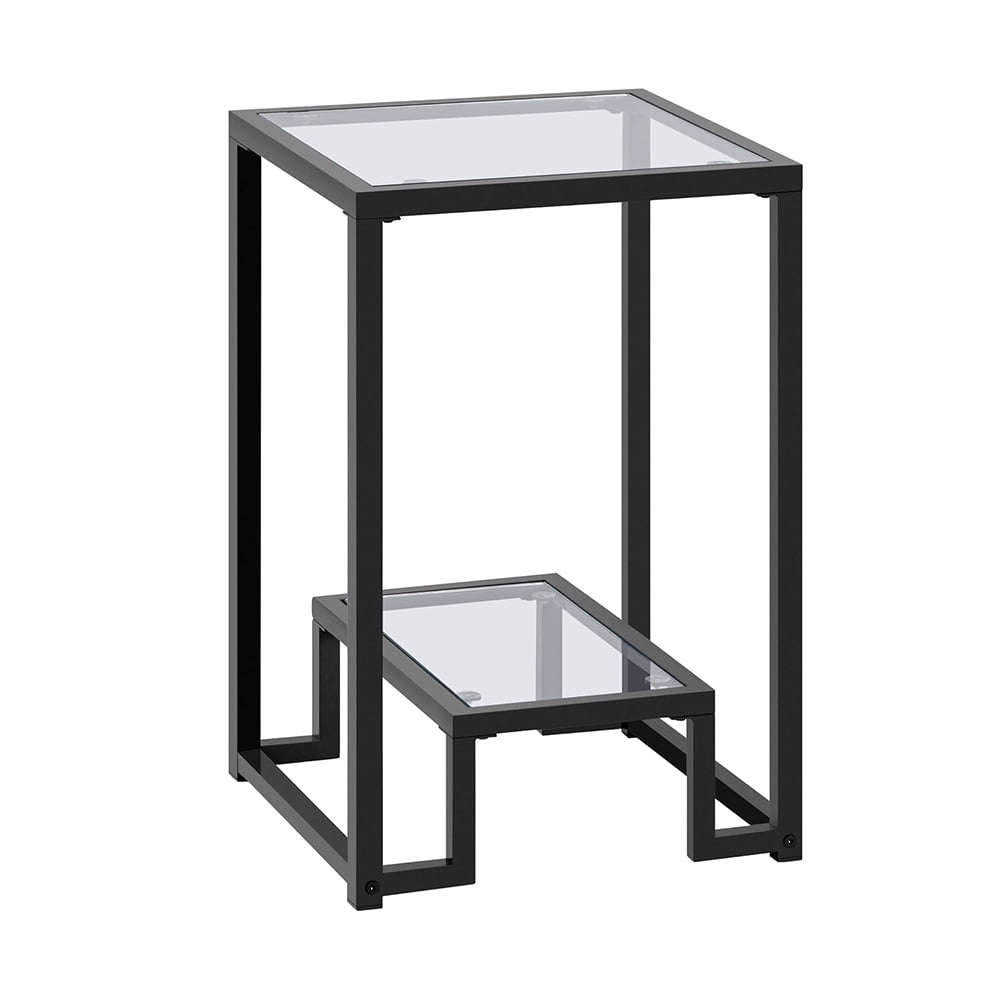 Black Glass End Table with Open Shelf and Iron Legs, Modern Tall Glass ...